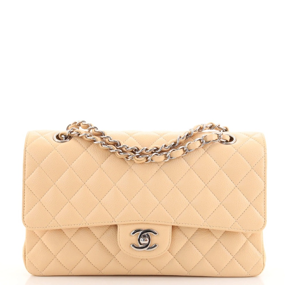 Chanel Vintage Classic Double Flap Quilted Caviar Medium Neutral Silver Hardware